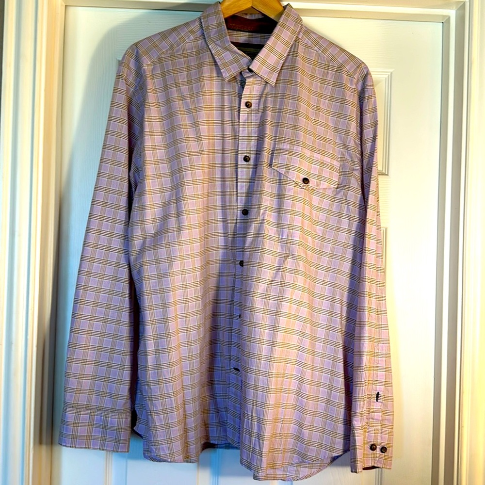 True Measure Long-Sleeve Button-Down Shirt XXL Lavender with Tan Plaid.
